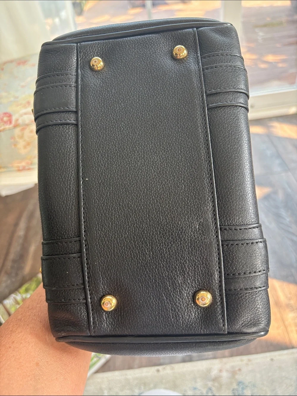 MCM Black Leather Satchel with Gold Hardware Accents